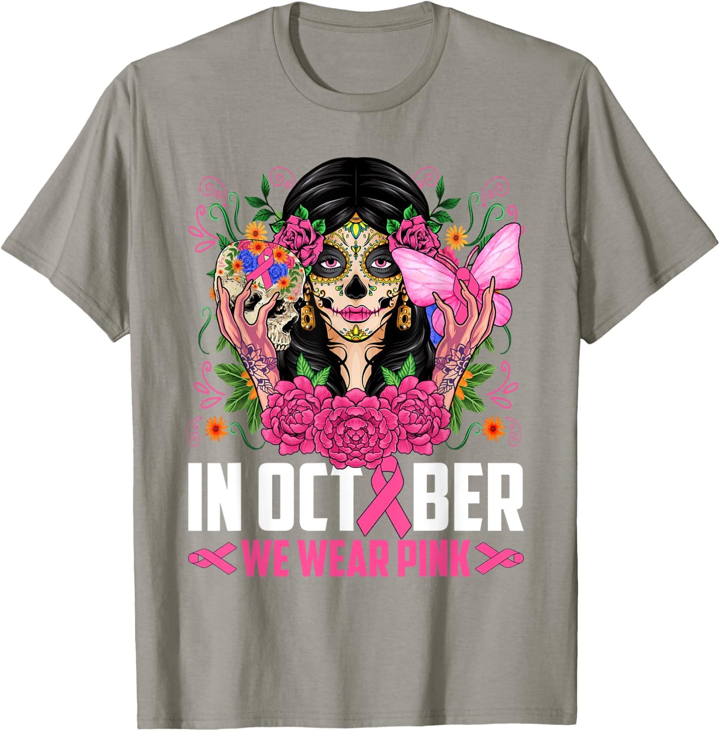 In October Wear Pink Sugar Skull Breast Cancer Halloween Day T-Shirt - T-Shirt | Sand