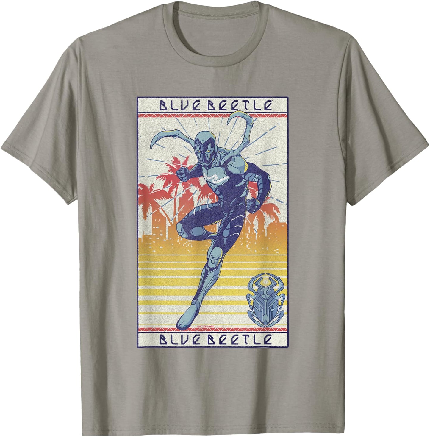 Blue Beetle Cool Pose Over Sunny City Vintage Portrait T-Shirt - T-Shirt | Sand