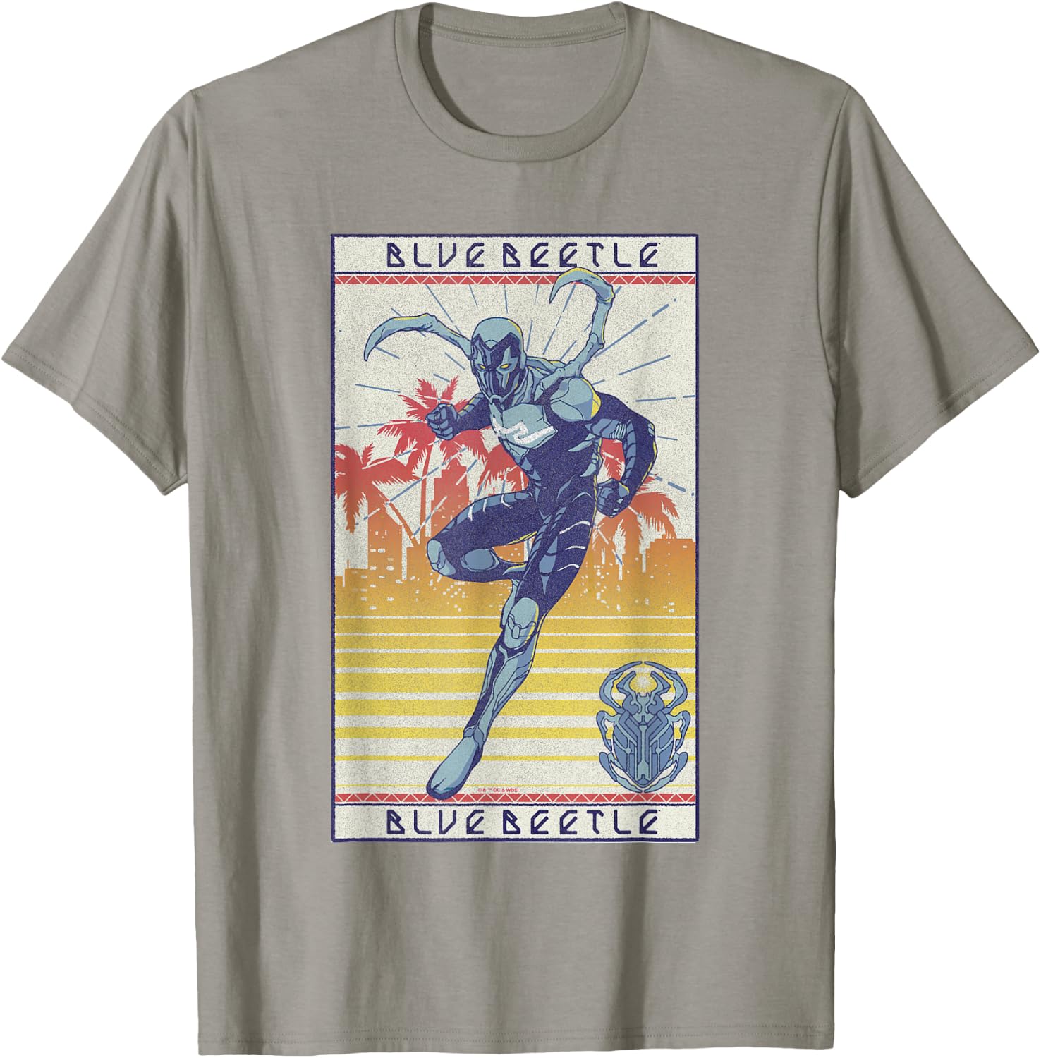 Blue Beetle Cool Pose Over Sunny City Vintage Portrait T-Shirt - T-Shirt | Sand