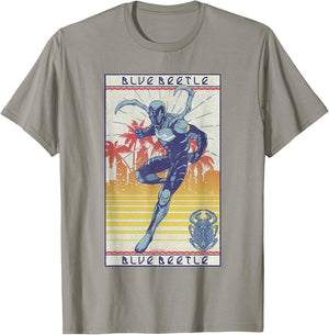 Blue Beetle Cool Pose Over Sunny City Vintage Portrait T-Shirt - T-Shirt | Sand