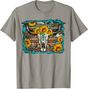Longhorn Bull Skull Sunflower Turquoise Western Country T-Shirt - T-Shirt | Sand