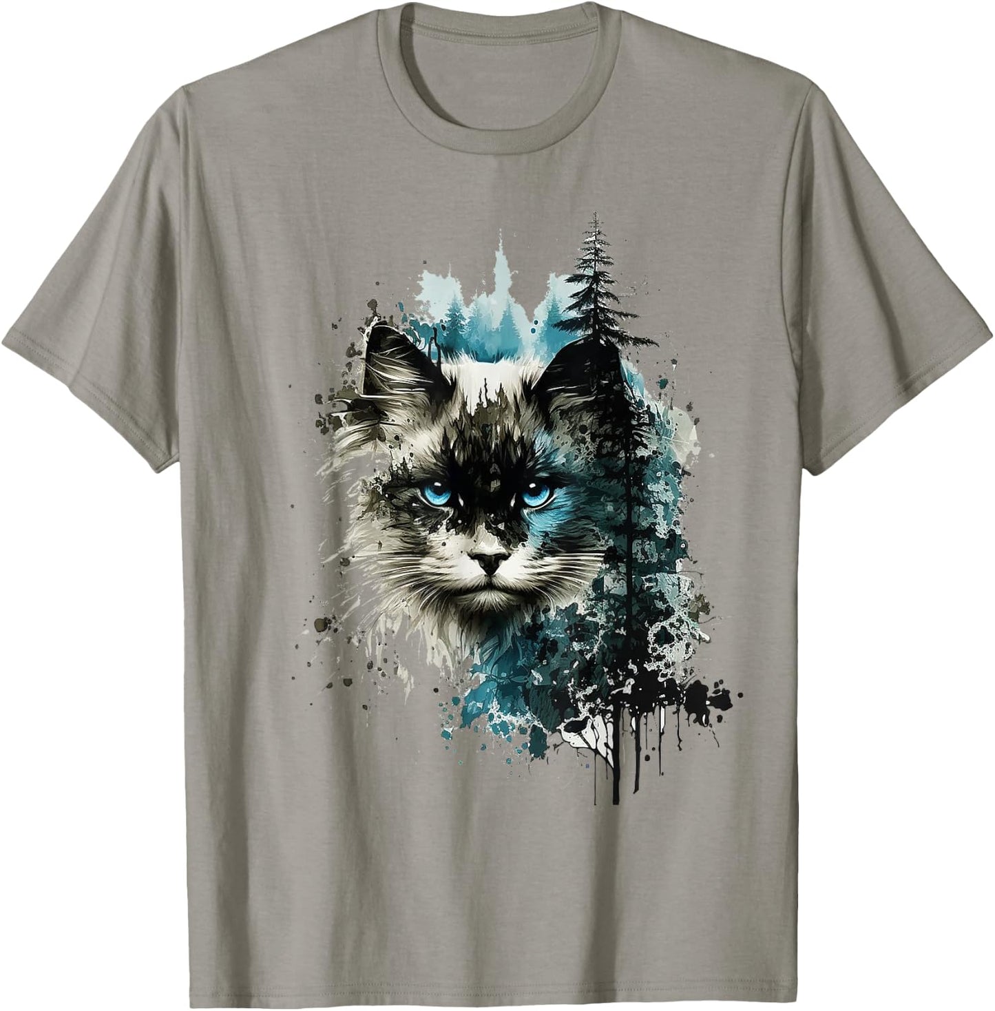 Cat Blue Eyes Cat Motif Art Forest Animal Cat T-Shirt - T-Shirt | Sand