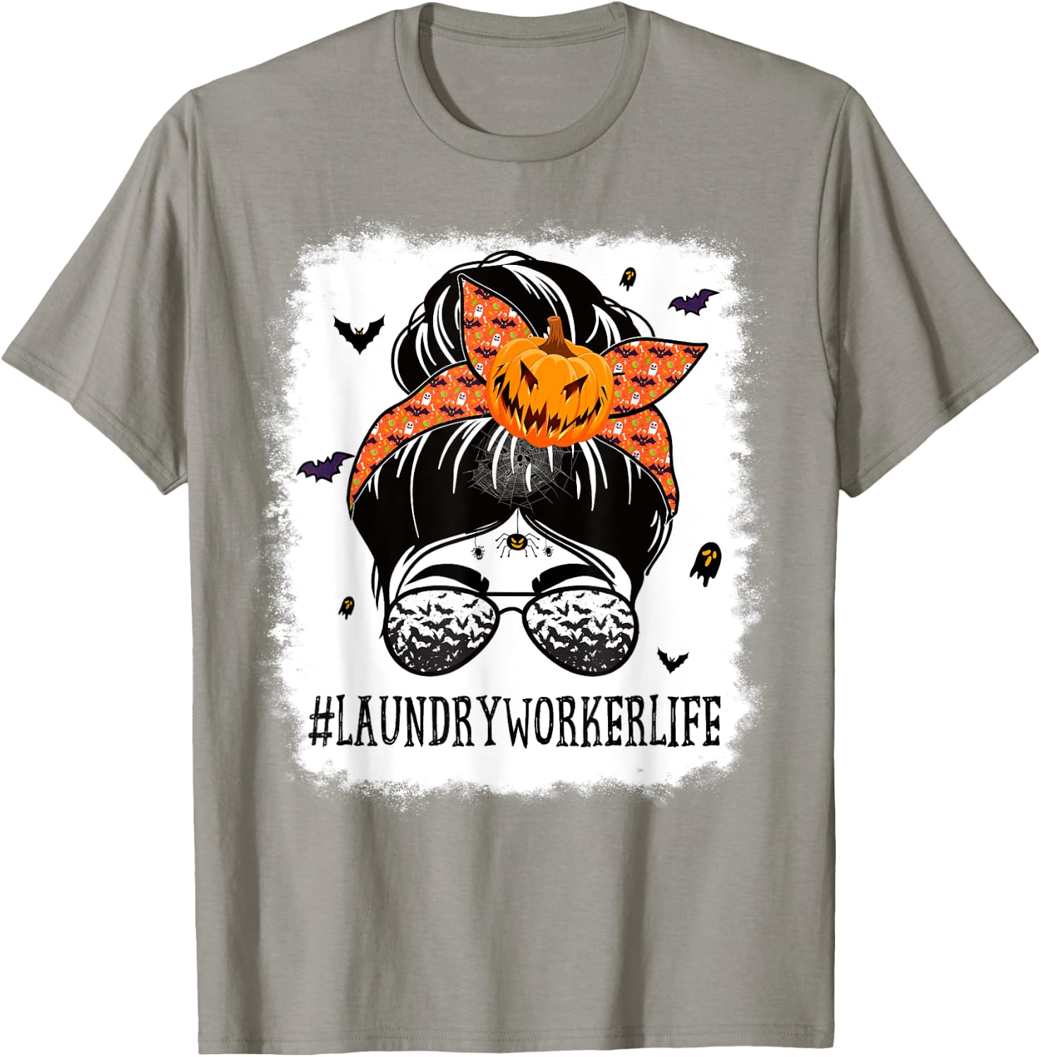 Laundry Worker Messy Bun Spooky Pumpkin Halloween Costume T-Shirt - T-Shirt | Sand