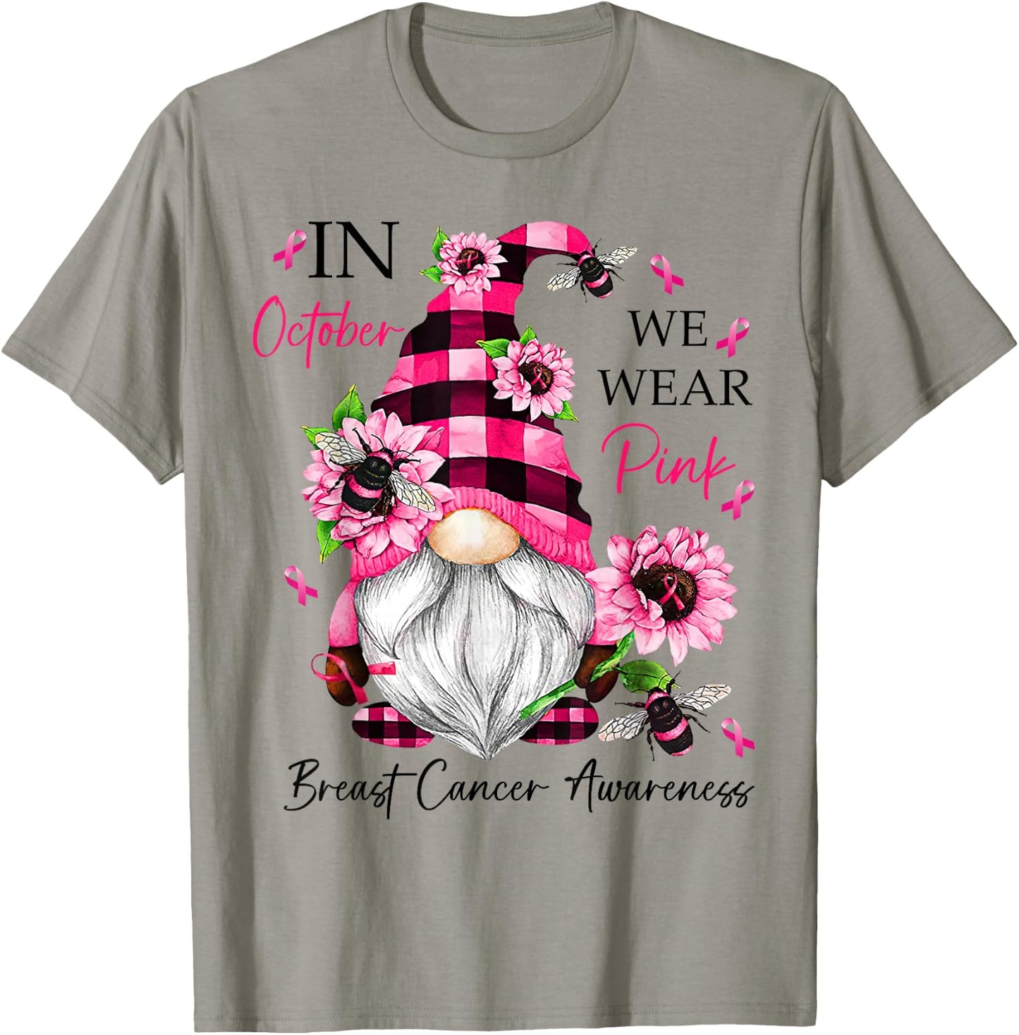 In October We Wear Pink Gnome Breast Cancer Awareness T-Shirt - T-Shirt | Sand