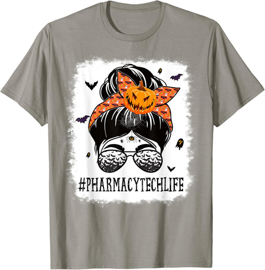 Pharmacy Tech Messy Bun Spooky Pumpkin Halloween Costume T-Shirt - T-Shirt | Sand