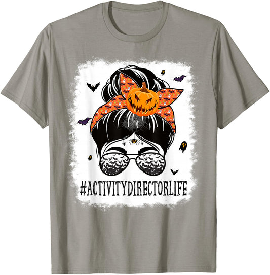Activity Director Messy Bun Spooky Pumpkin Halloween Costume T-Shirt - T-Shirt | Sand