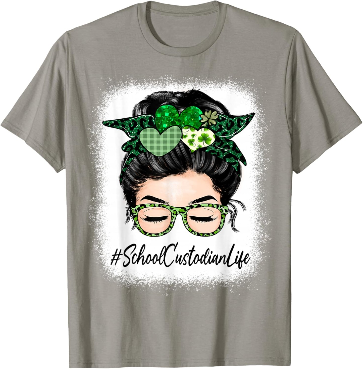 School Custodian Women Messy Bun St Patrick's Day Shamrock T-Shirt - T-Shirt | Sand