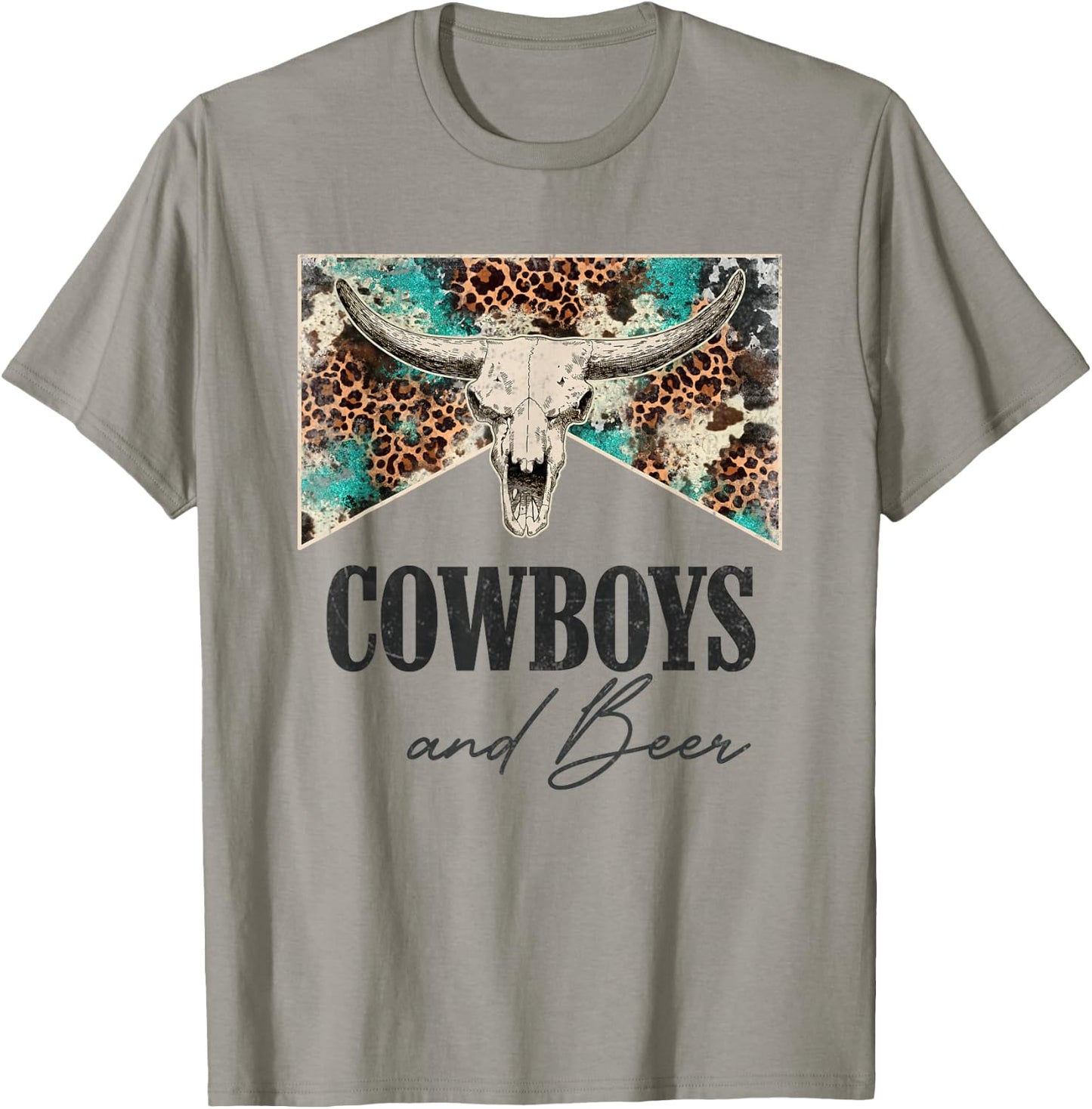 Retro Leopard Western Life Country Bull Skull Cowboys & Beer T-Shirt - T-Shirt | Sand