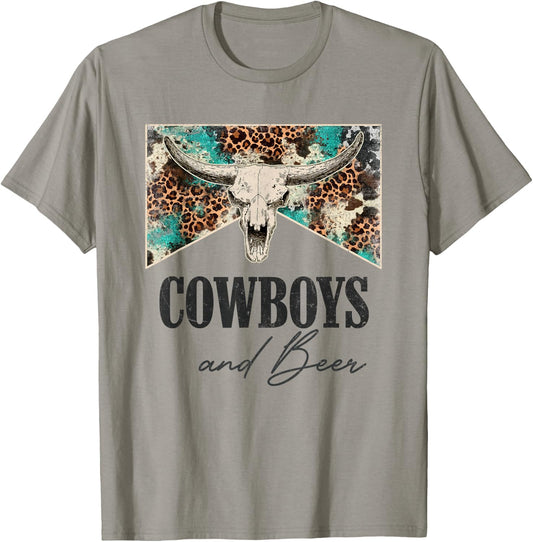 Retro Leopard Western Life Country Bull Skull Cowboys & Beer T-Shirt - T-Shirt | Sand
