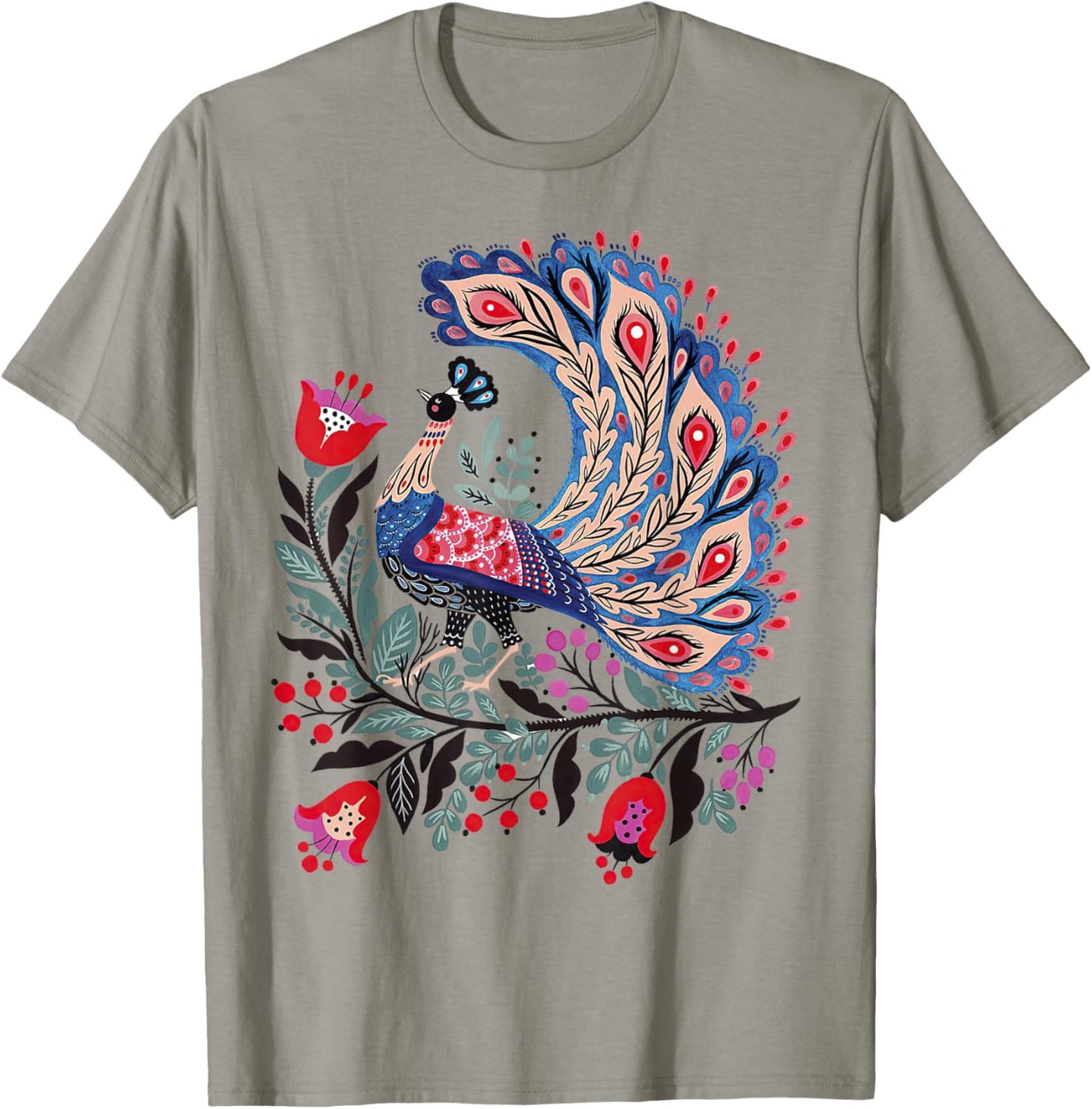 Mystical Botanical Bird Scandinavian Folk Art T-Shirt - T-Shirt | Sand