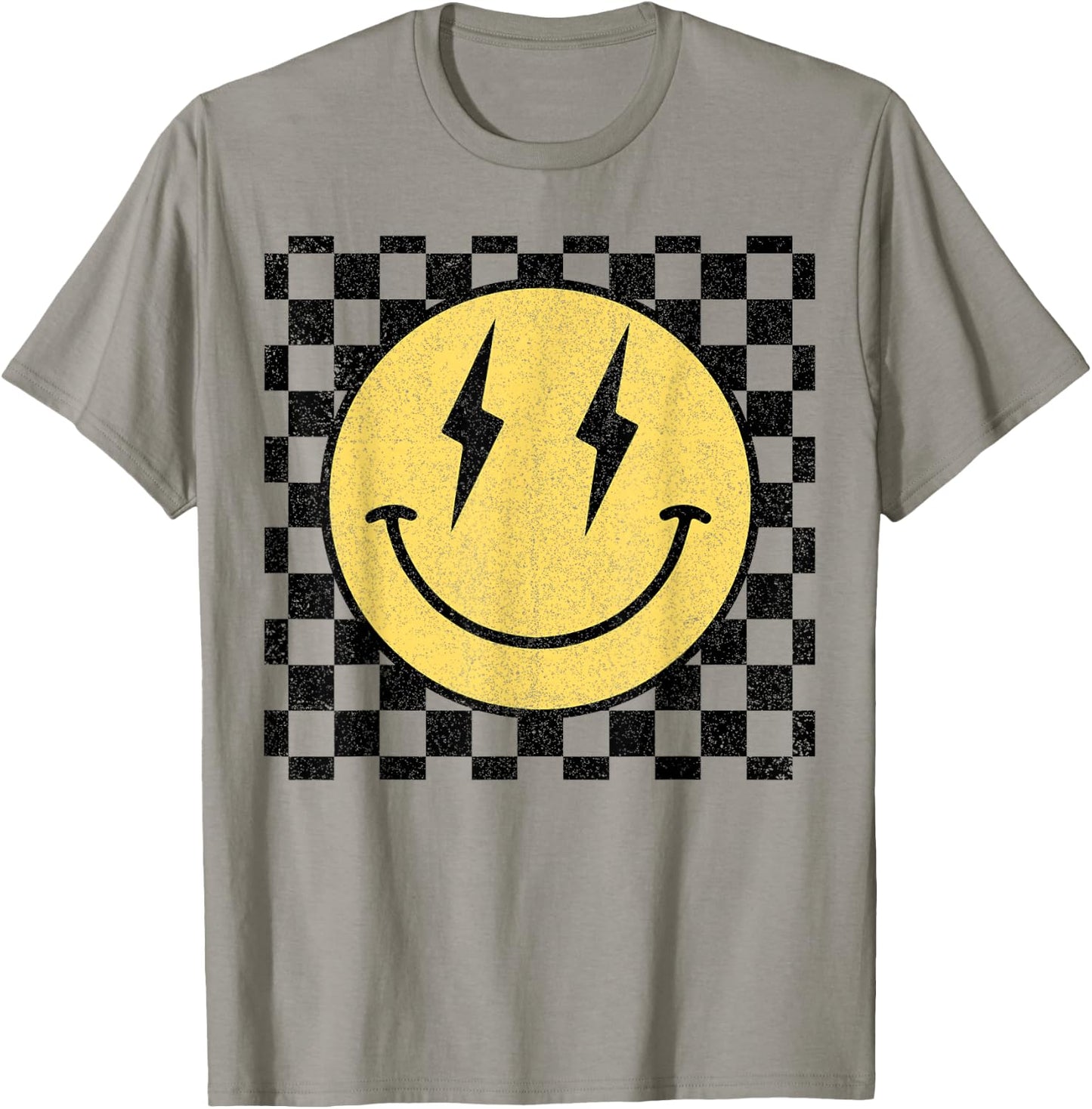 Retro Happy Face Shirt Checkered Pattern Smile Face Trendy T-Shirt - T-Shirt | Sand