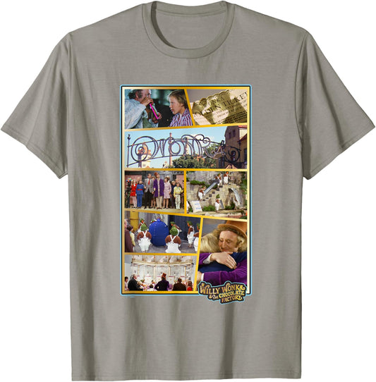 Willy Wonka & The Chocolate Factory Scenes Collage T-Shirt - T-Shirt | Sand