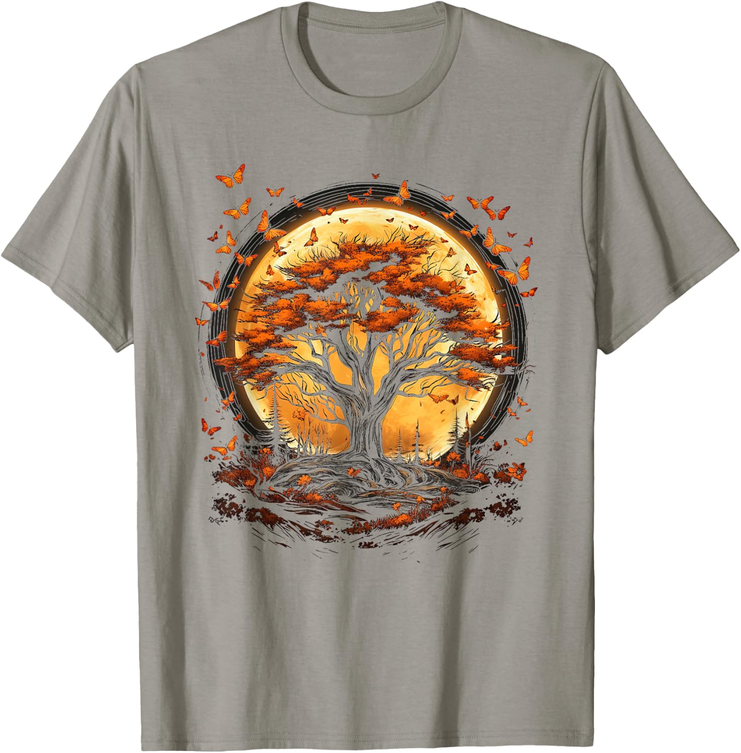 Fall Autumn falling leaves with Tree and Butterfly orange T-Shirt - T-Shirt | Sand