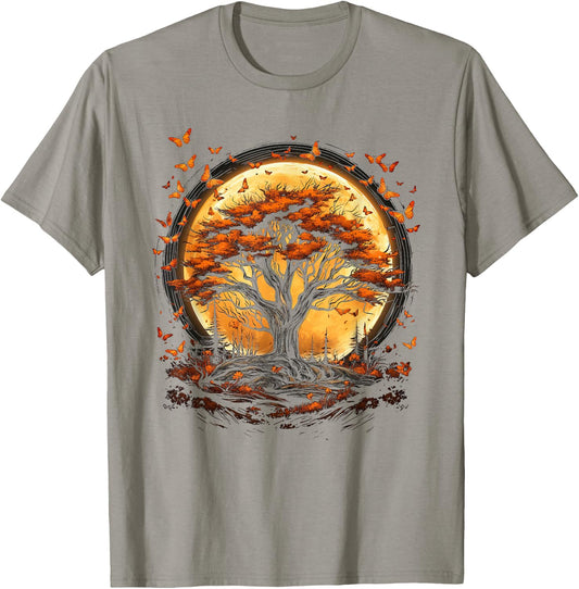 Fall Autumn falling leaves with Tree and Butterfly orange T-Shirt - T-Shirt | Sand