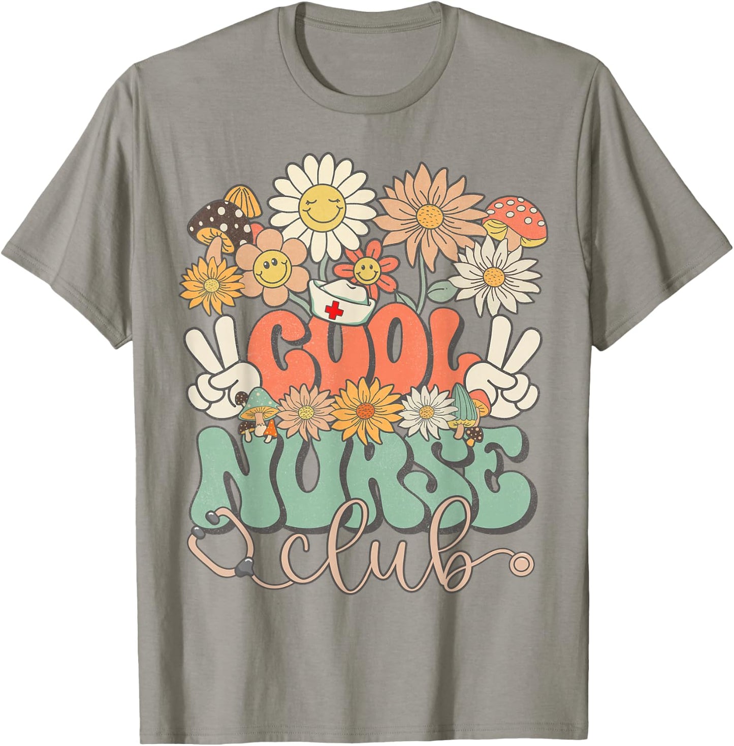 Cool Nurse Club Floral Hippie Groovy Retro Daisy Funny Nurse T-Shirt - T-Shirt | Sand