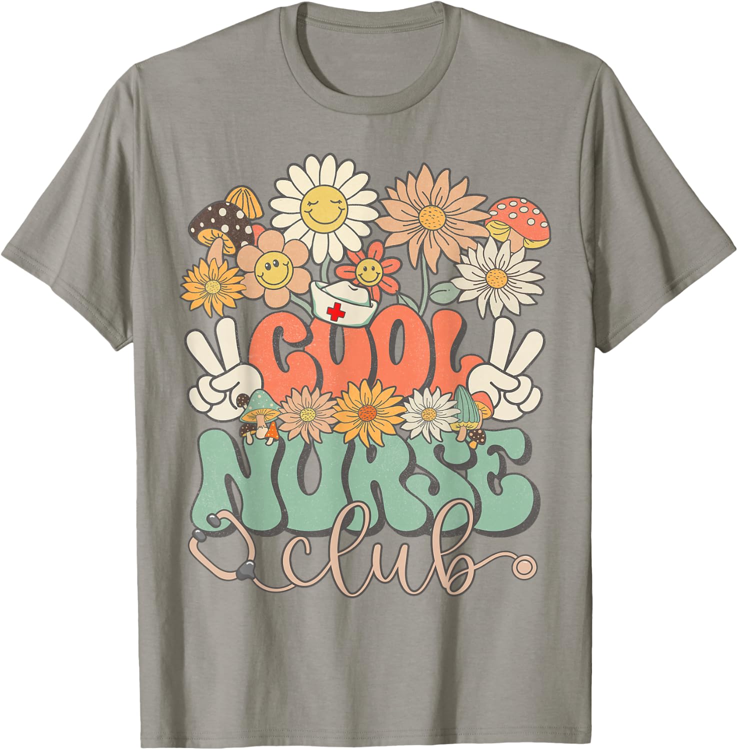 Cool Nurse Club Floral Hippie Groovy Retro Daisy Funny Nurse T-Shirt - T-Shirt | Sand
