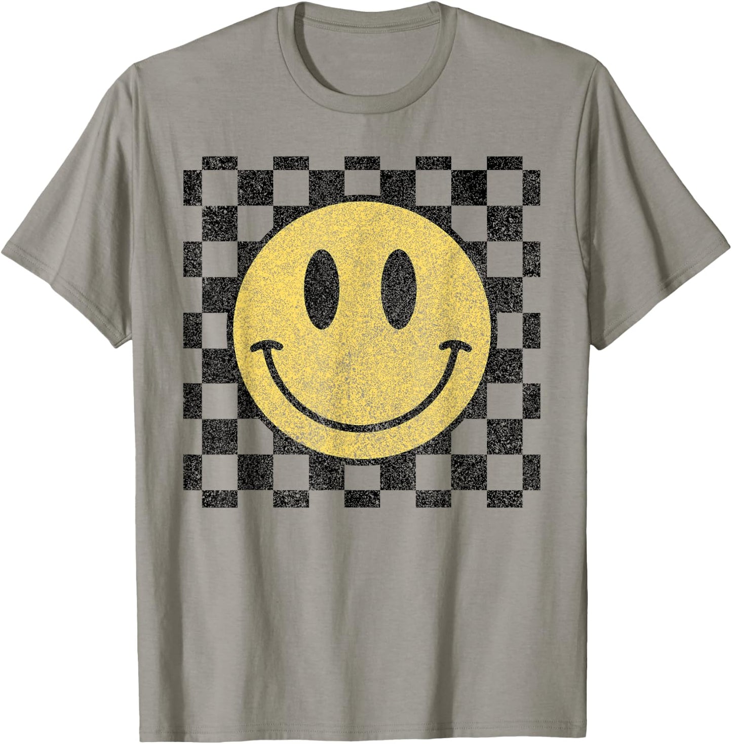 Retro Happy Face Checkered Pattern Smile Face Trendy T-Shirt - T-Shirt | Sand