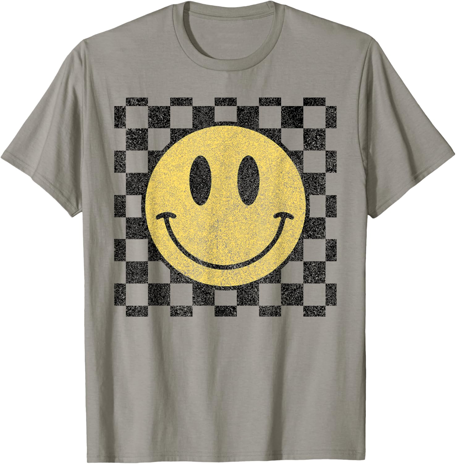 Retro Happy Face Checkered Pattern Smile Face Trendy T-Shirt - T-Shirt | Sand