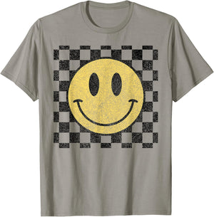 Retro Happy Face Checkered Pattern Smile Face Trendy T-Shirt - T-Shirt | Sand
