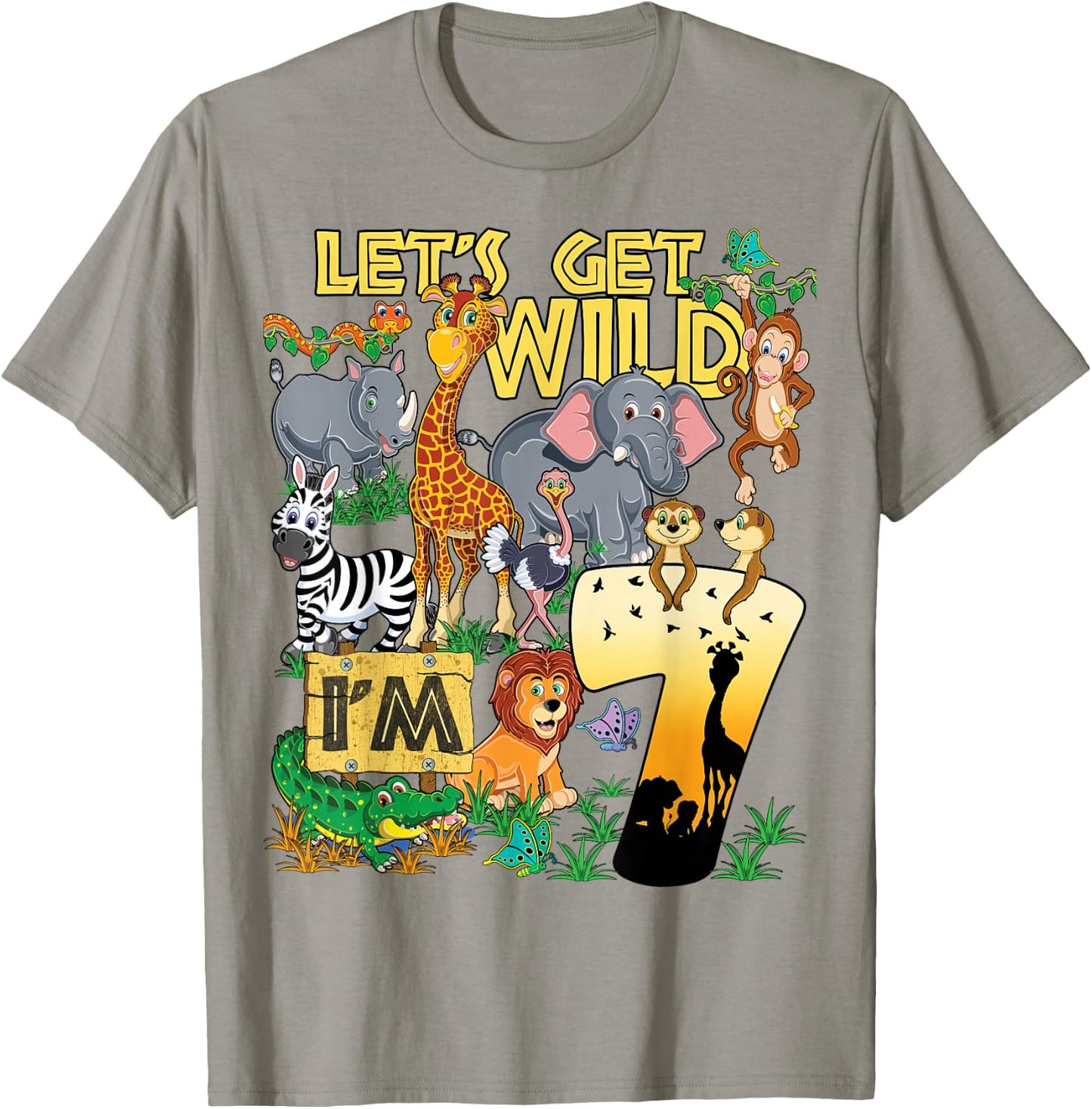 7 Year Old Zoo Safari Birthday Party Lets Get Wild I'm 7 T-Shirt - T-Shirt | Sand
