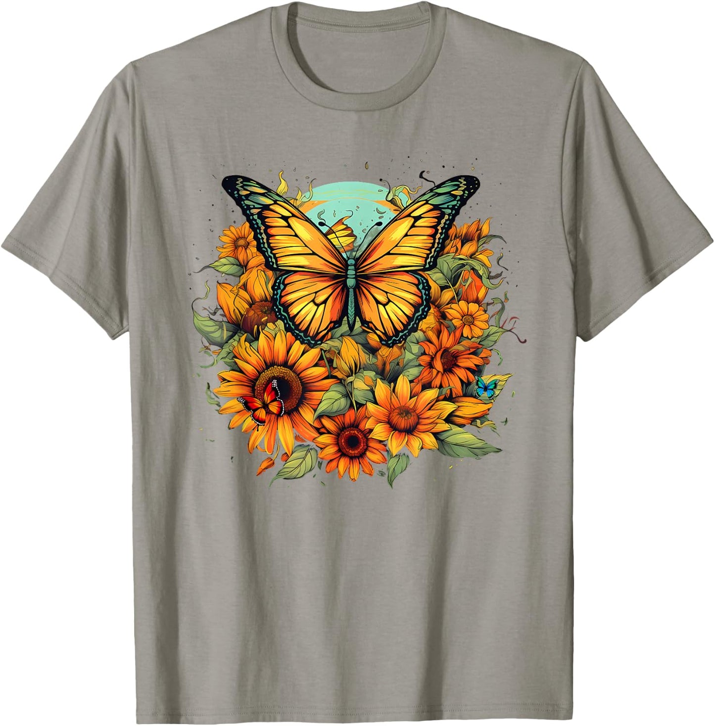 Sunflower Butterflies Design T-Shirt - T-Shirt | Sand