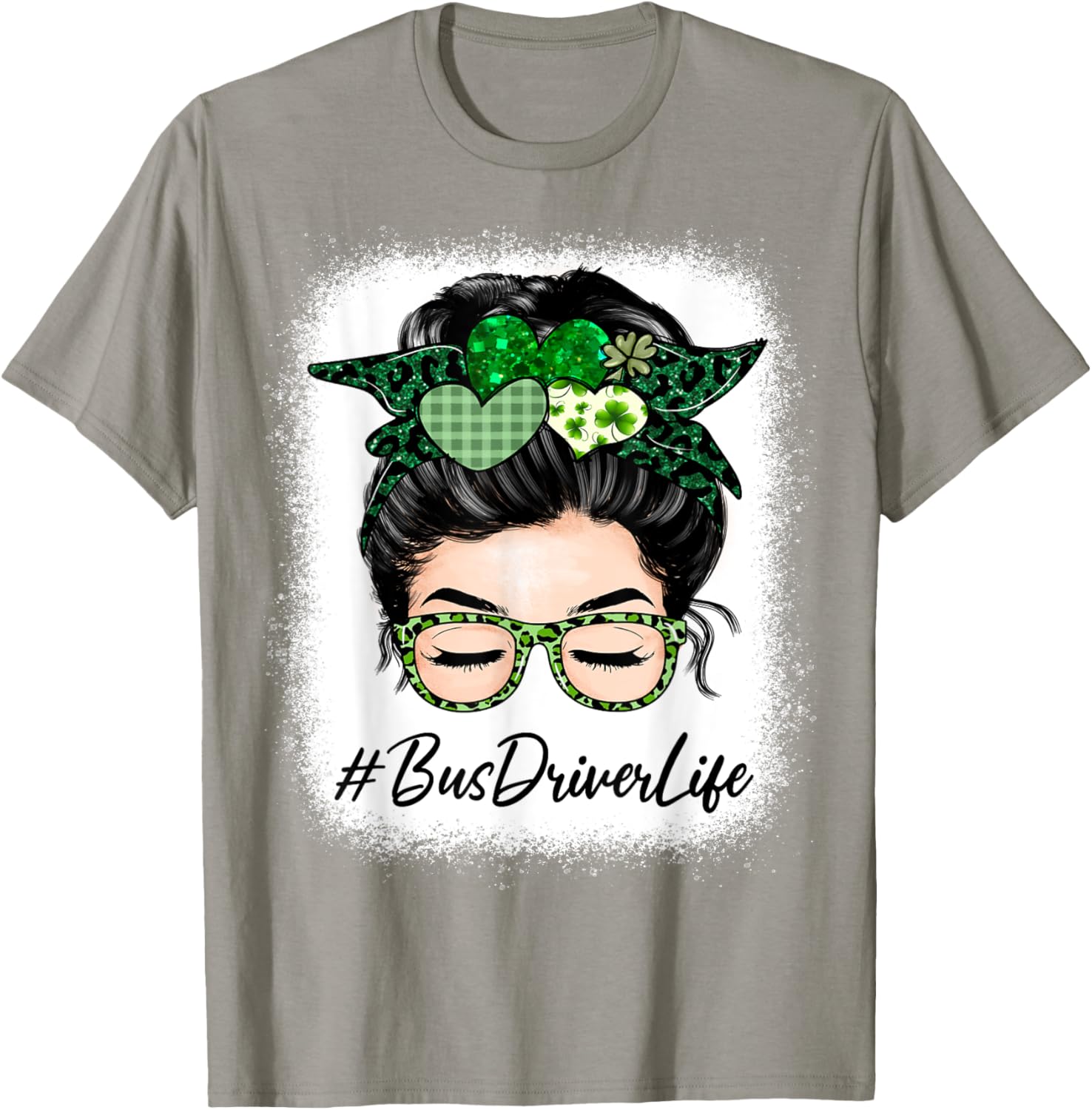 Bus Driver Women Messy Bun St Patrick's Day Shamrock T-Shirt - T-Shirt | Sand