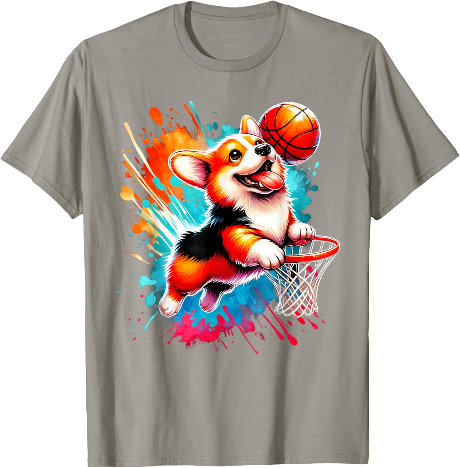Corgi Basketball Player Colorful T-Shirt - T-Shirt | Sand