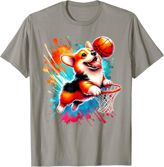 Corgi Basketball Player Colorful T-Shirt - T-Shirt | Sand