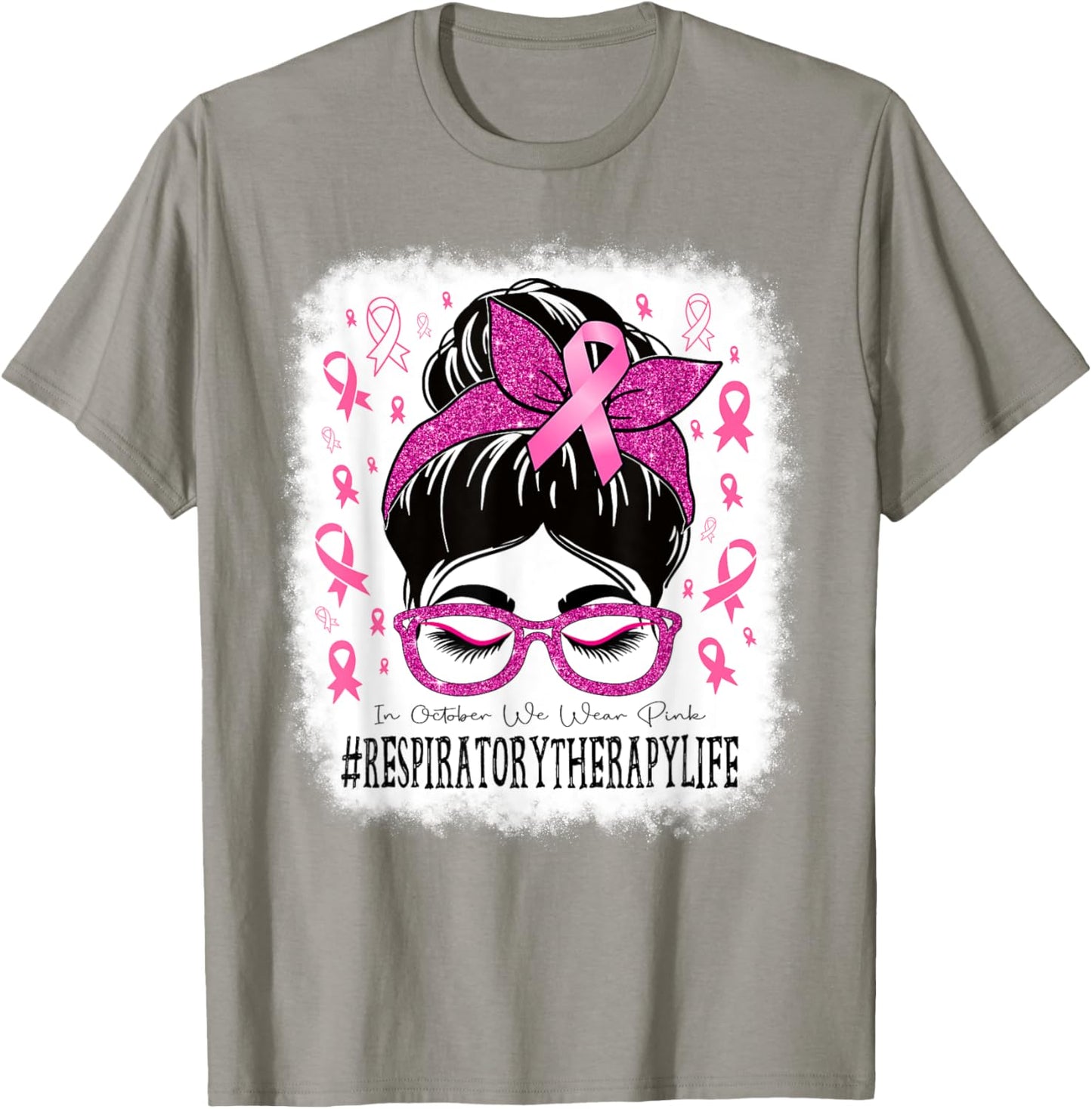 Respiratory Therapy Messy Bun Women Breast Cancer Awareness T-Shirt - T-Shirt | Sand