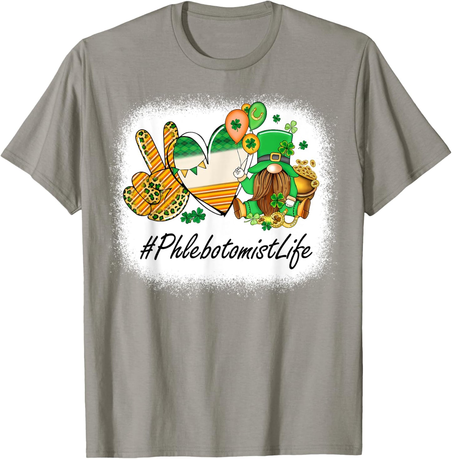 Phlebotomist Peace Love St Patricks Day Women Gnome T-Shirt - T-Shirt | Sand