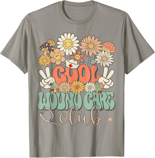 Cool Wound Care Club Floral Hippie Groovy Retro Daisy Nurse T-Shirt - T-Shirt | Sand
