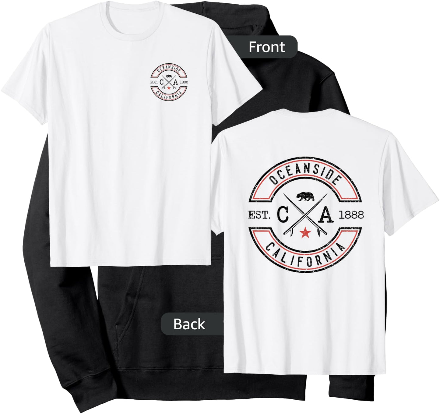 Oceanside Beach California CA Retro Surfer Front & Back Hoodie - Hoodie | Black