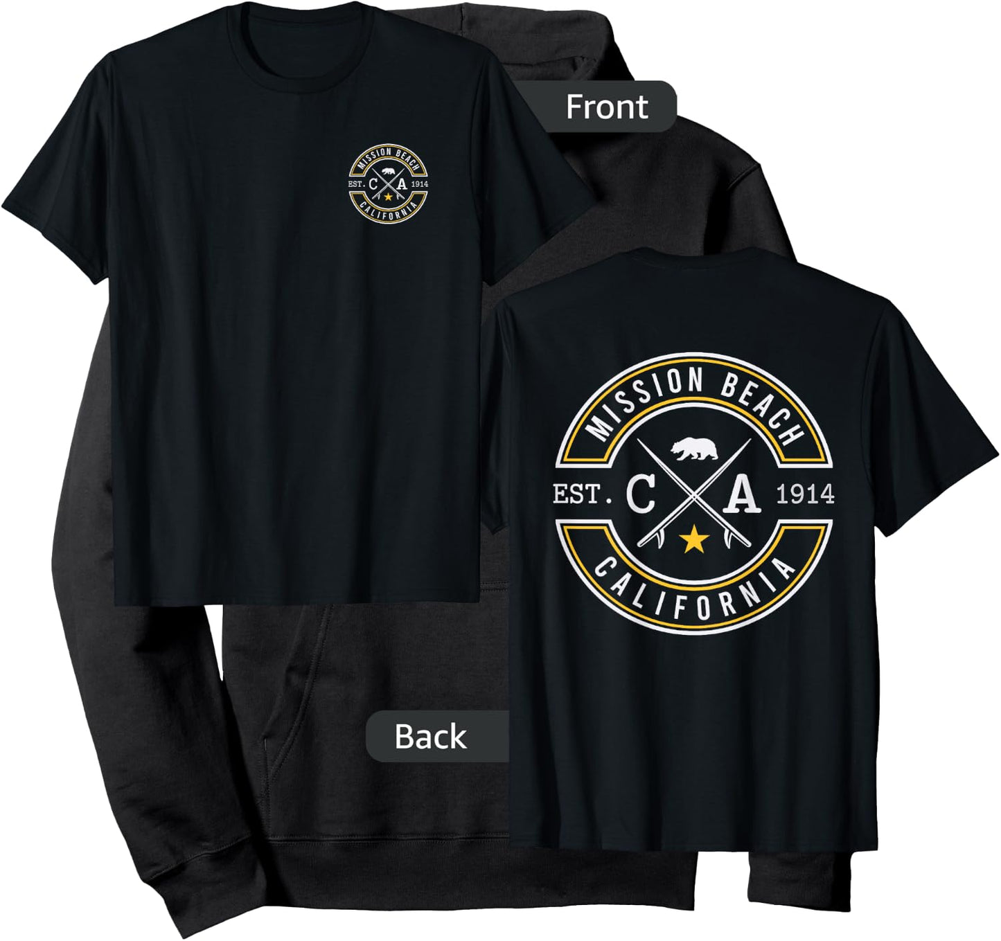 Mission Beach California CA Retro Surfer Beach Front & Back Men Women Hoodie - Hoodie | Black