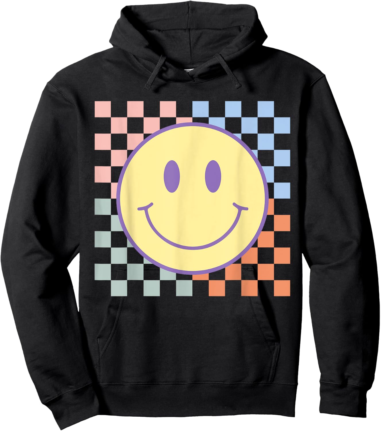 Retro Happy Face Shirt Checkered Pattern Smile Face Trendy Hoodie - Hoodie | Black