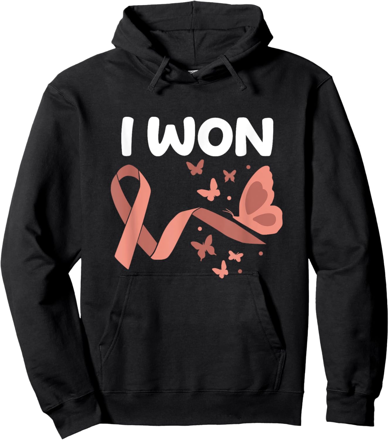 Peach Ribbon For Endometrial Cancer Awareness I Won! Endometrial Cancer Survivor. Butterflies Version Women's Black Cotton Polyester Blend Classic Fit Short Sleeve - Small Hoodie - Hoodie | Black