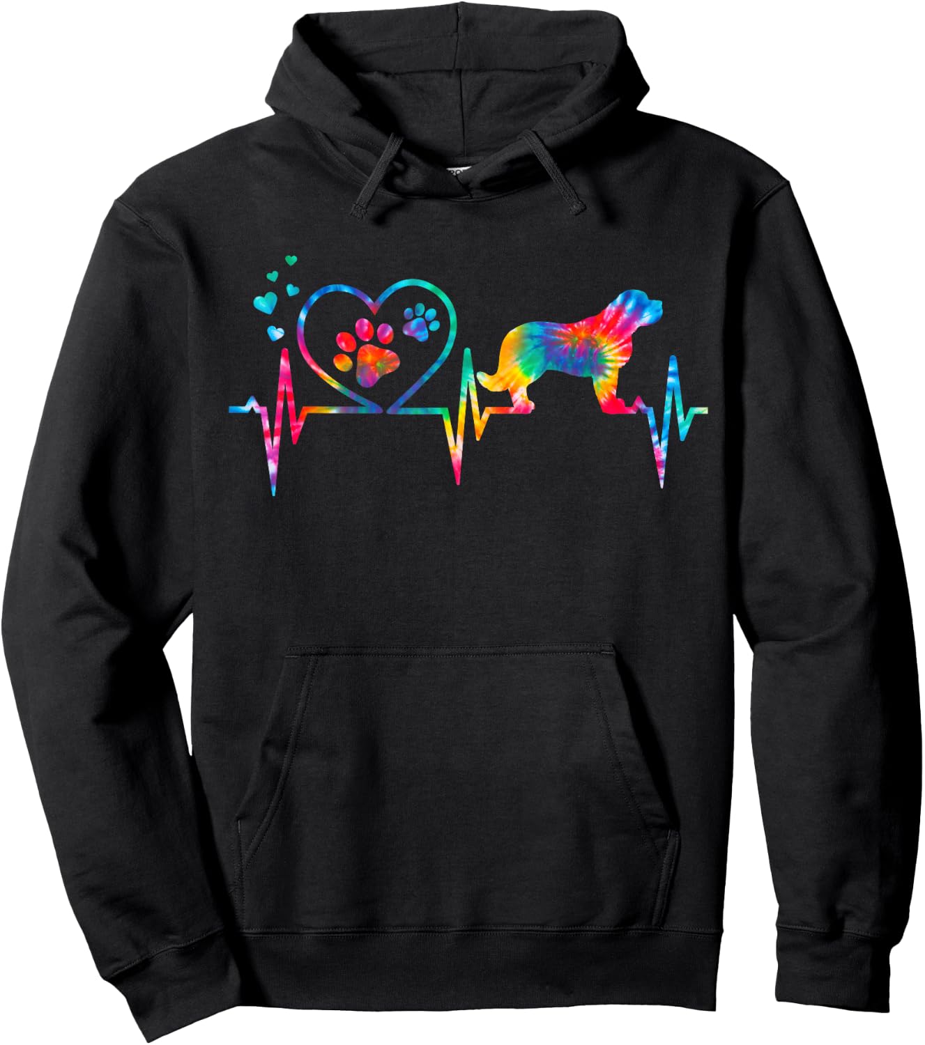 Saint Bernard Tie Dye Heartbeat Love Dog Funny Hoodie - Hoodie | Black