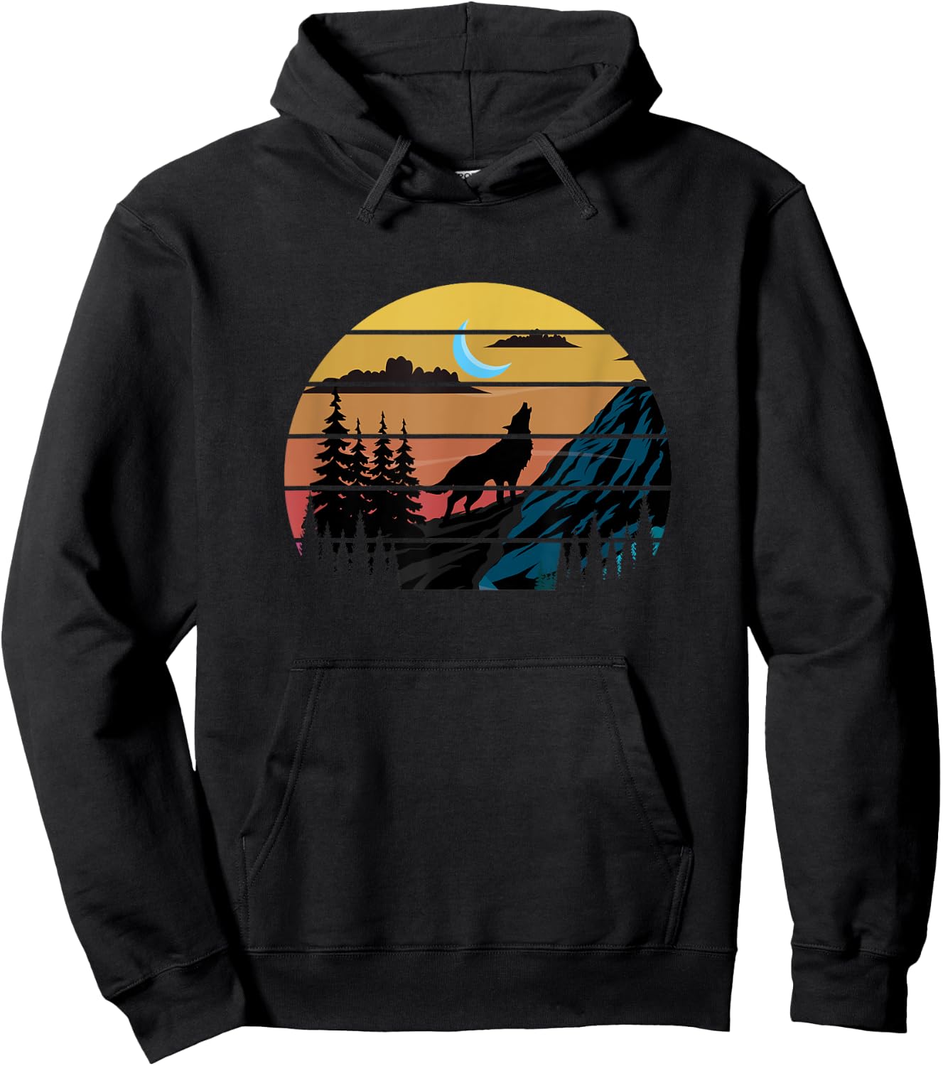Retro Wolf Mountains Moon | Forest Nature | Wildlife Hoodie - Hoodie | Black