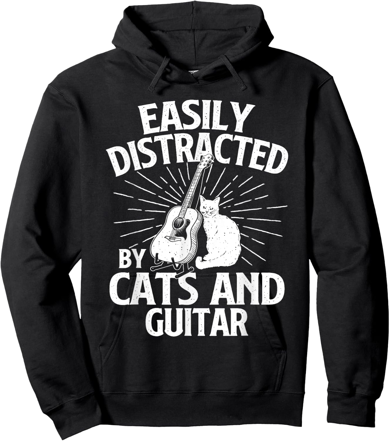 Easily Distracted By Cats And Guitar - Music Animal Lover Hoodie - Hoodie | Black