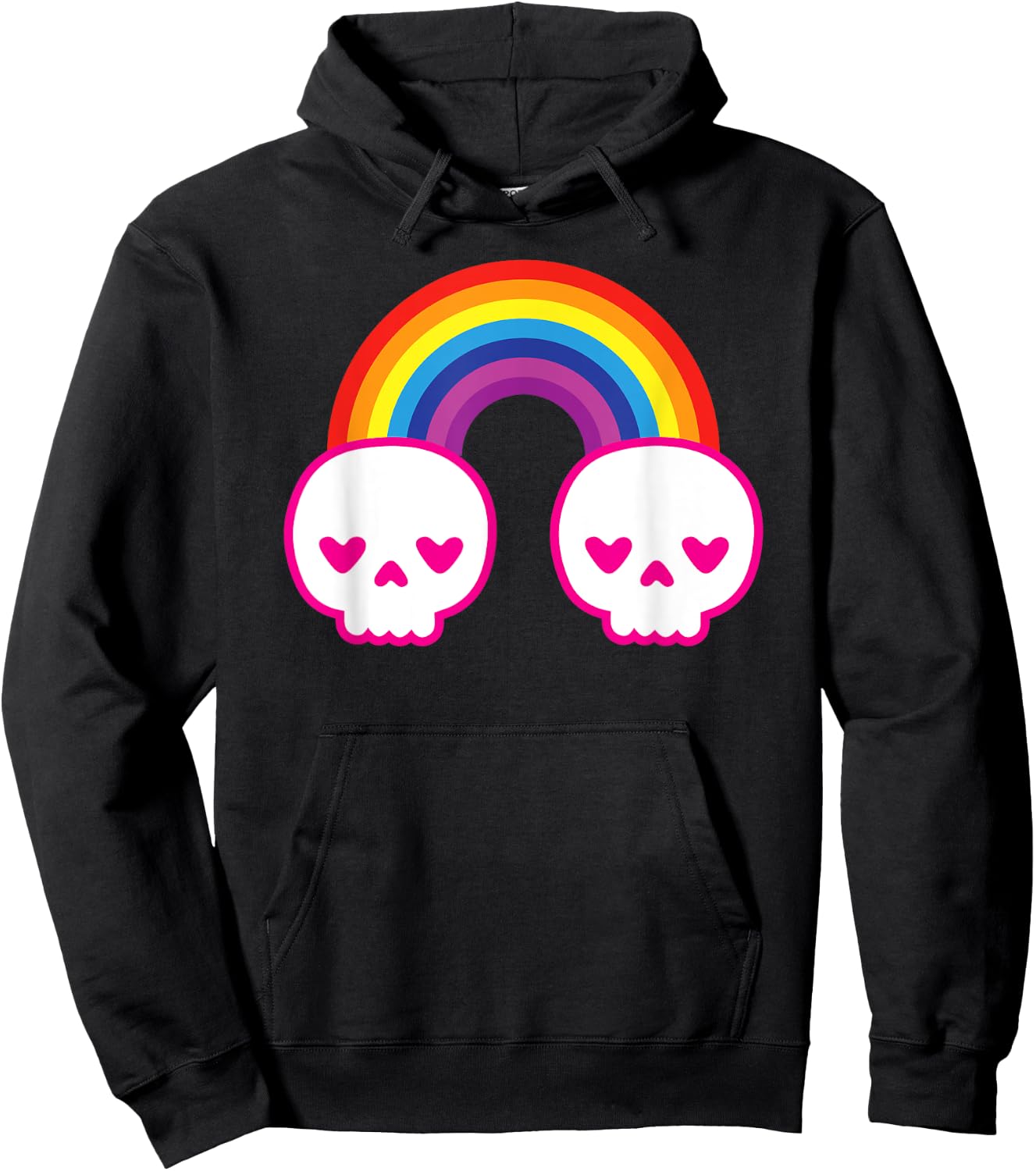 Colorful Kawaii Cute Rainbow Skulls with Heart Shape Eyes Hoodie - Hoodie | Black
