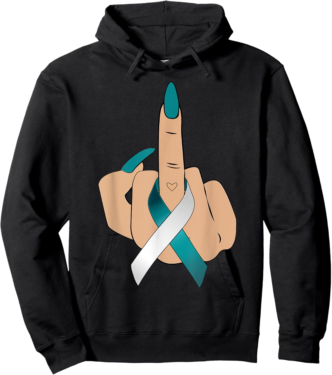 Middle Finger Woman Teal White Ribbon Cervical Cancer Women Hoodie - Hoodie | Black