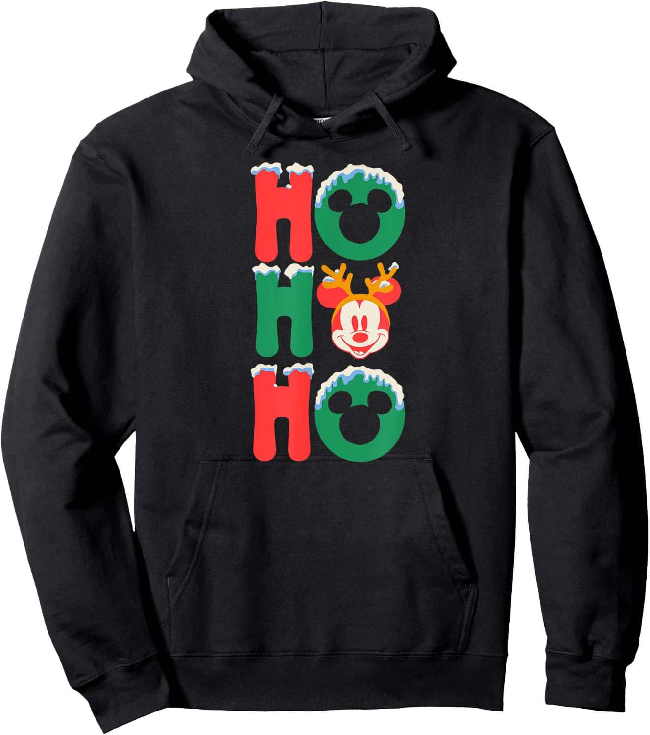 Amazon Essentials Men's Mickey Mouse Ho Ho Ho Snowy Christmas Antlers , Black Graphic Print, Small Hoodie - Hoodie | Black