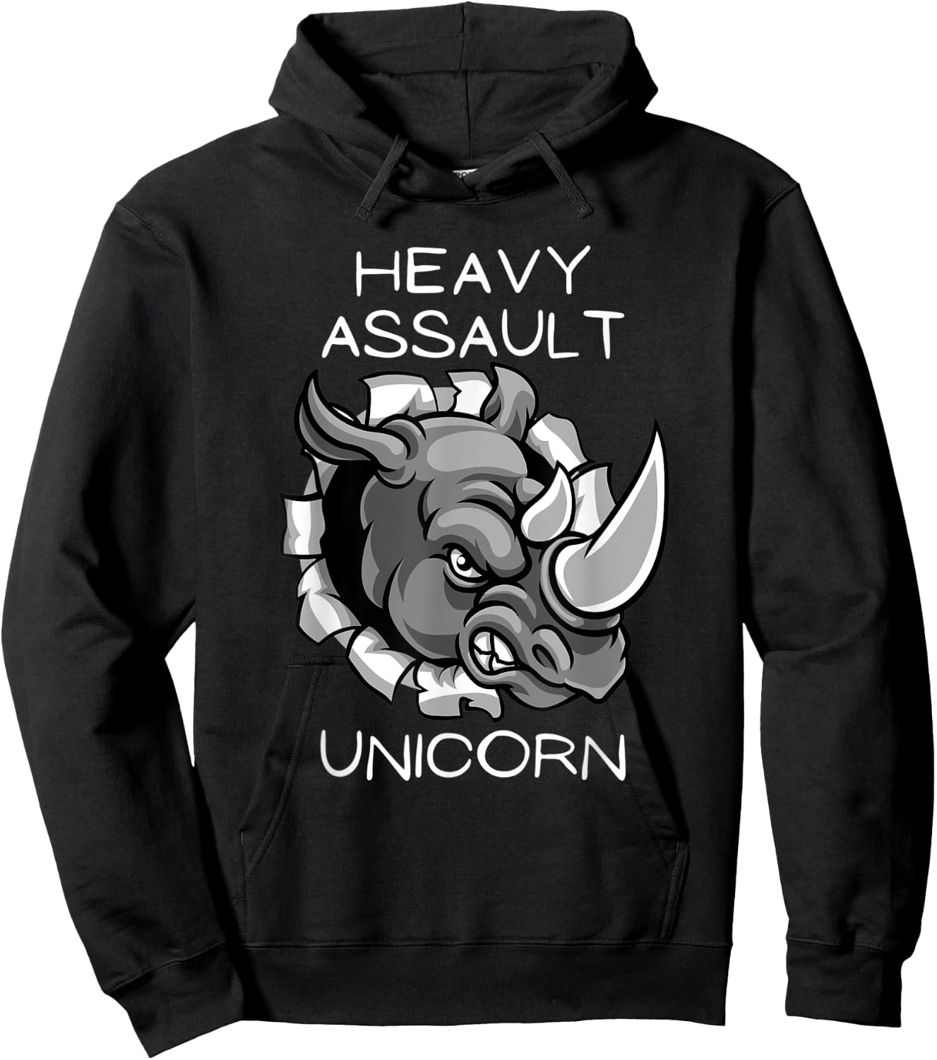 Funny Heavy Assault Unicorn Rhinoceros Cartoon Hoodie - Hoodie | Black
