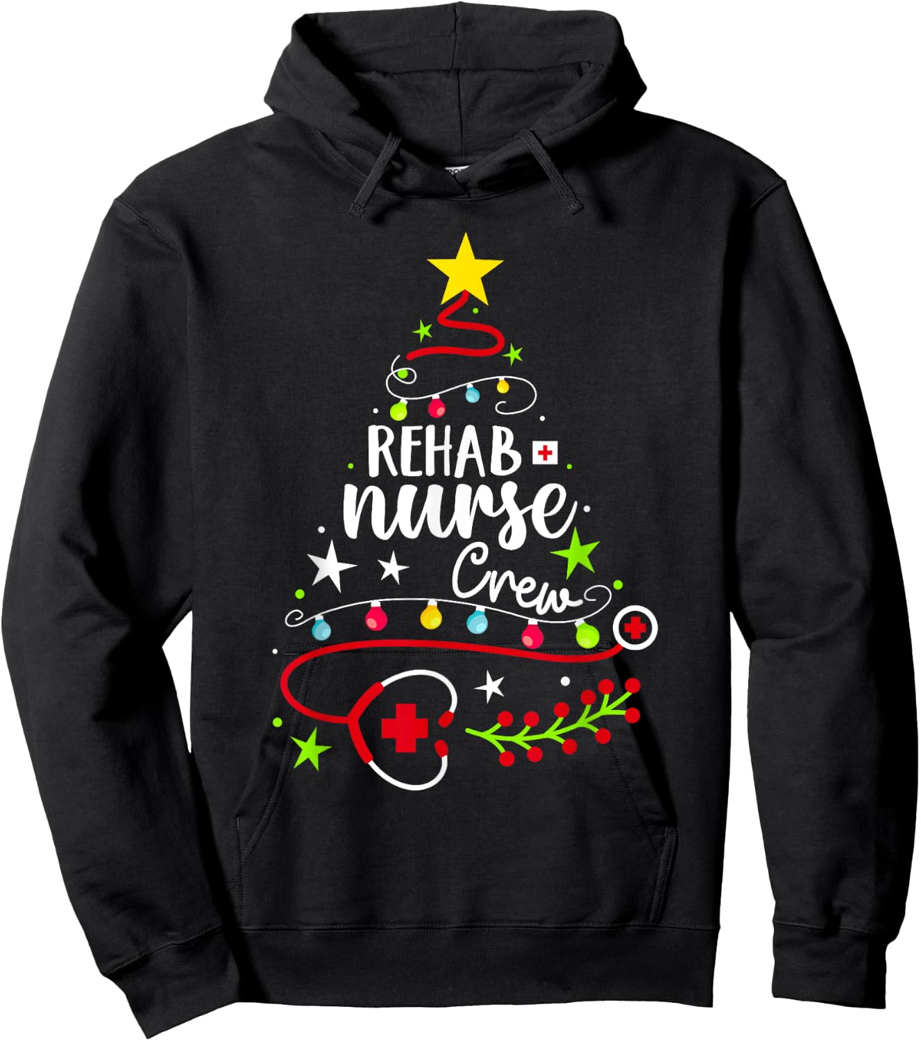 Christmas Nurse Cute Xmas Stethoscope Tree Rehab Nurse Crew Hoodie - Hoodie | Black