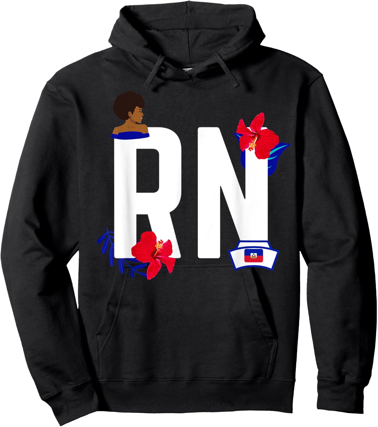 Haitian Nurse RN Haiti Flag Pride Hibiscus Haitian Heritage Hoodie - Hoodie | Black