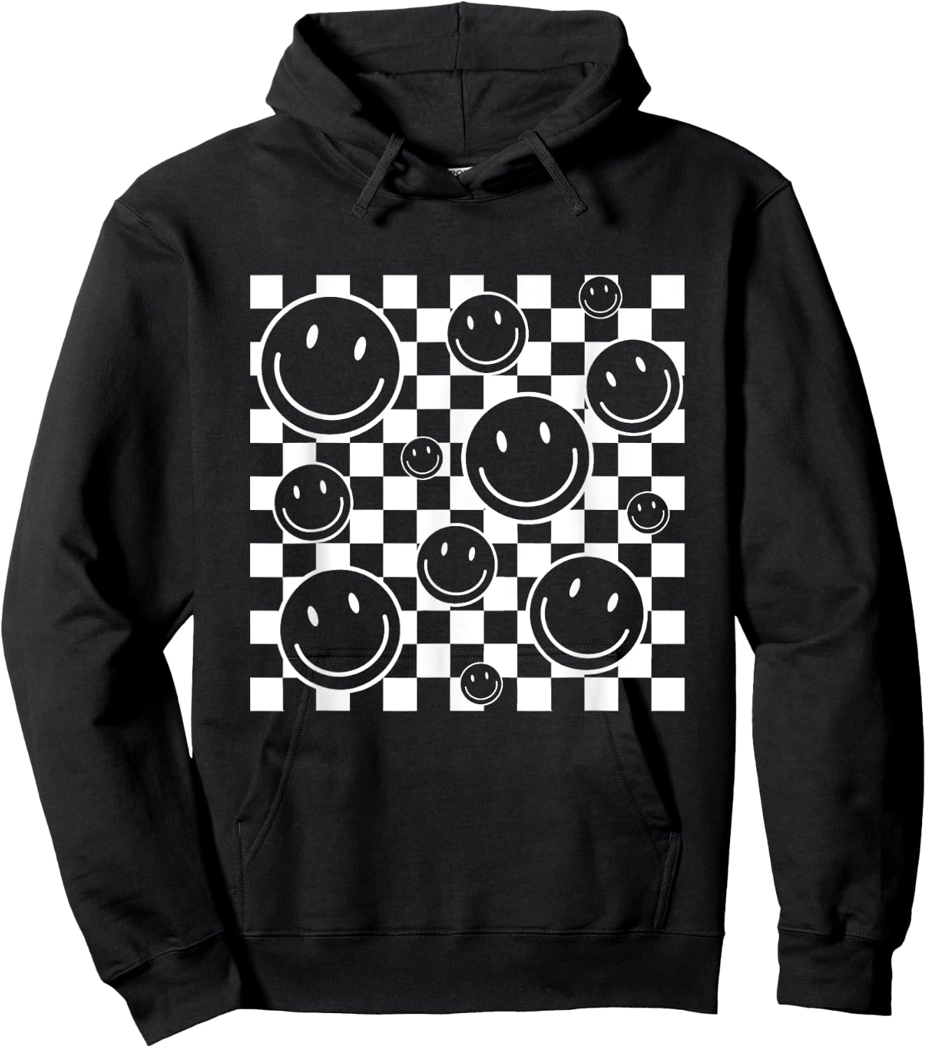 Retro Happy Face Checkered Flag Pattern Men Kids Hoodie - Hoodie | Black