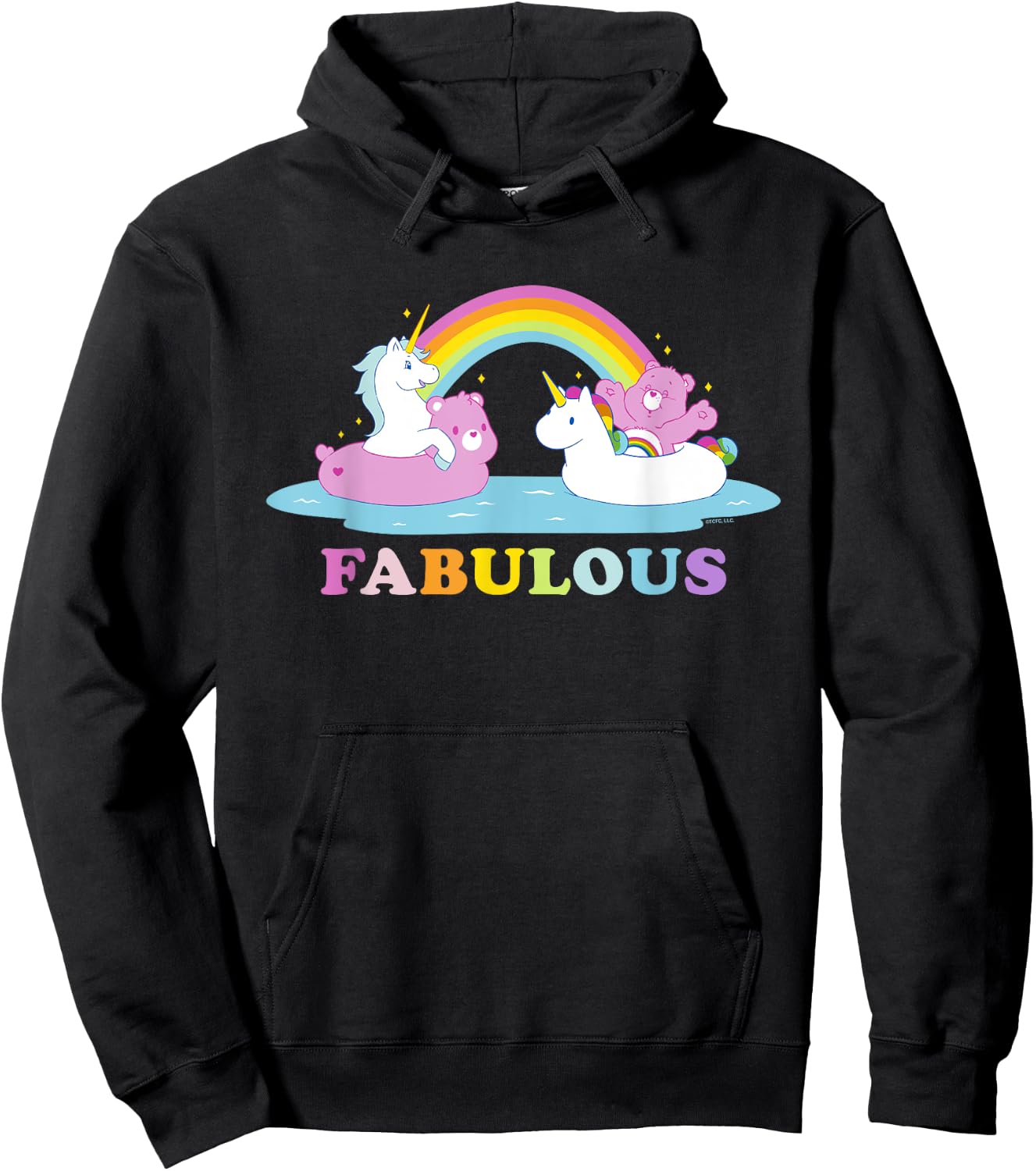 Care Bears Rainbow Fabulous With Cheer Bear And Unicorn Hoodie - Hoodie | Black