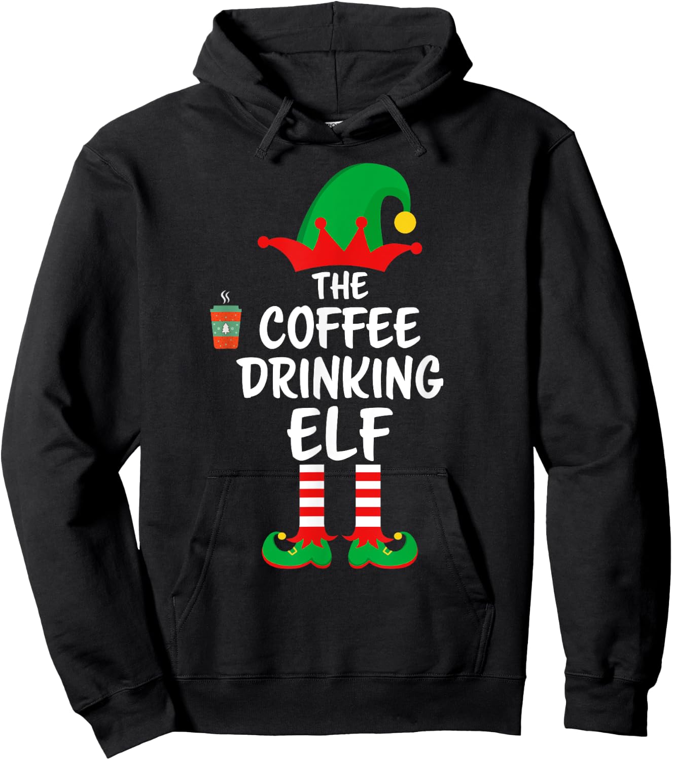 The Coffee Drinking Elf Matching Family Christmas Hoodie - Hoodie | Black