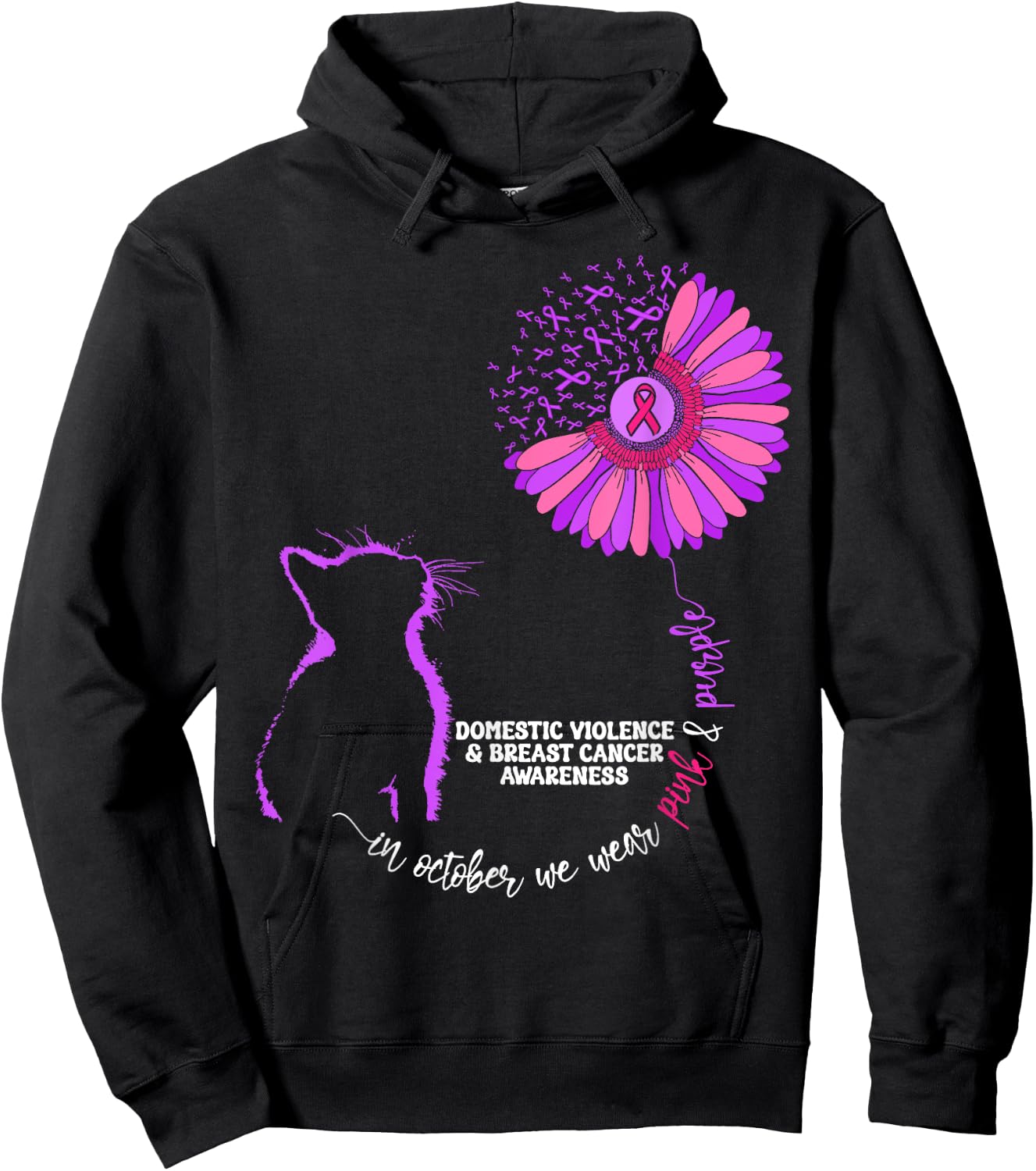 Cat Domestic Violence And Breast Cancer Awareness Groovy Men Women Girls Kids Hoodie - Hoodie | Black