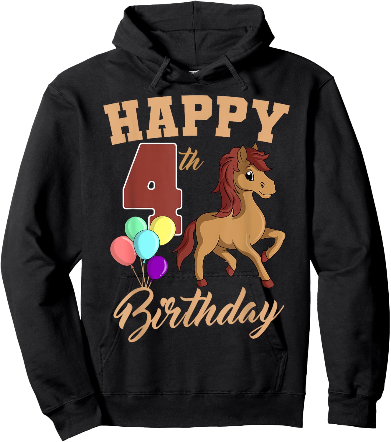 Happy 4th Birthday Horse Theme 4 Bday Party Celebration Hoodie - Hoodie | Black