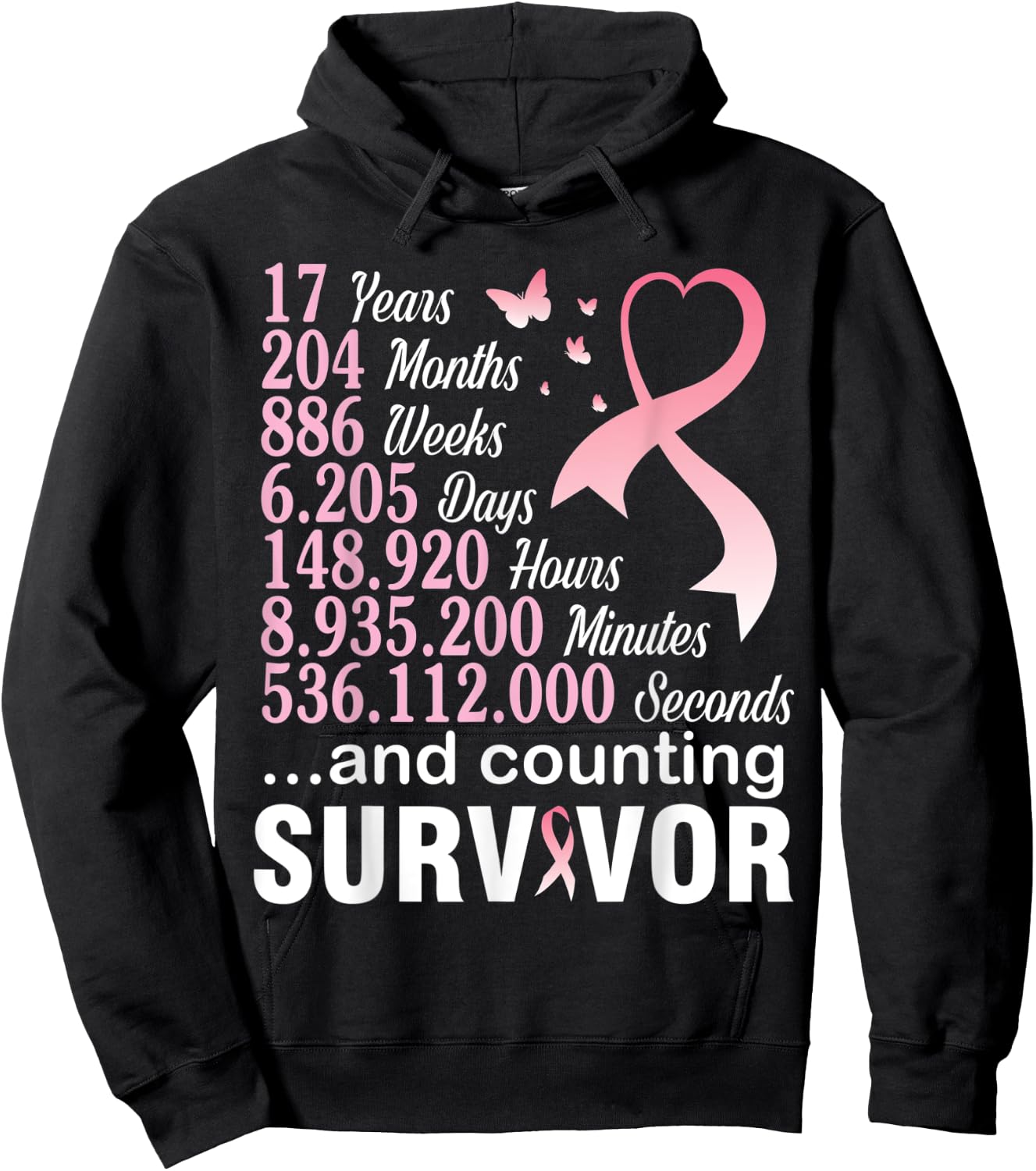17 Years 204 Months & Counting Survivor Fight Breast Cancer Hoodie - Hoodie | Black